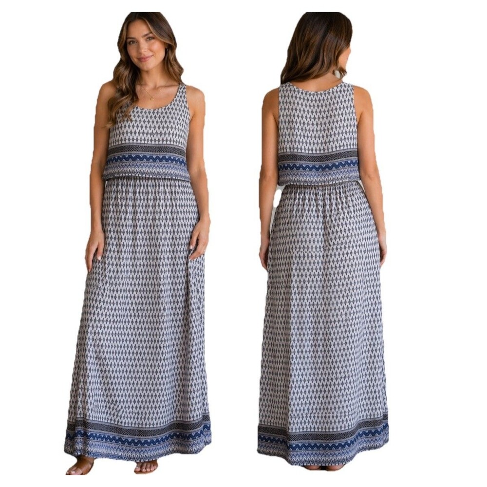 Robert Louis Women Maxi Dress L Boho Layered Sleeveless Blue Tribal
